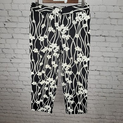 Talbots Black & White Floral Stretch Mid Rise Pants USA Made Size 8 (28x26)