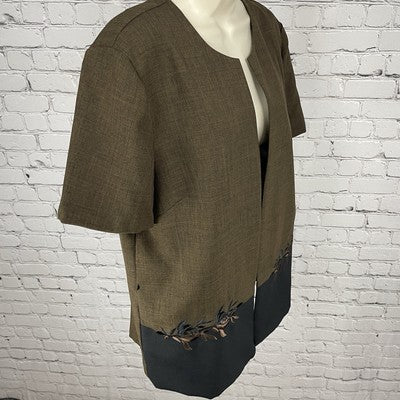 Periwinkle Brown Embroidered Floral Open Short Sleeve Lightweight Jacket Size 14