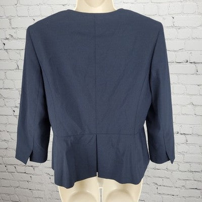 Ann Taylor Navy Stretch Buttoned 3/4 Sleeve Collarless Suit Jacket Blazer 8