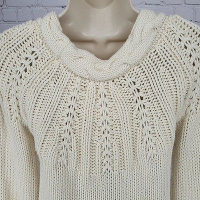VTG Old Navy Ivory Wool Blend Chunky Open Knit Long Sleeve Sweater Short Dress S