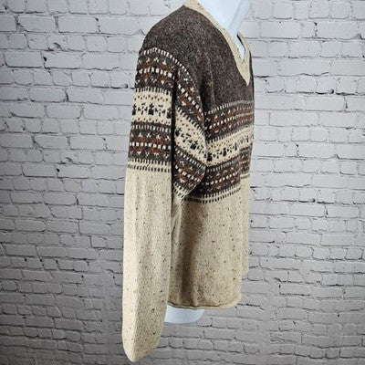 VTG Arizona Jean Co Brown Wool Blend Knit Fair Isle Pullover V Neck Sweater M
