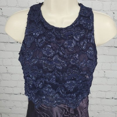 VTG Steppin Out Purple Satin Blue Lace Overlay Dress USA Made Size 3/4