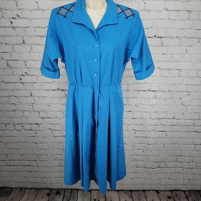 VTG Petites By Willi Blue Pleated Buttoned Short Sleeve A Line Dress USA 8