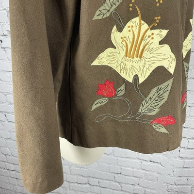 Hearts Of Palm Brown Floral Embroidered Buttoned Lightweight Jacket Size 8