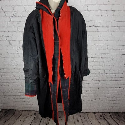 VTG Herman Kay Black Red Wool Blend Hooded Buttoned Long Heavy Over Coat 20W