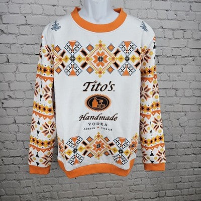 Tito's Vodka White Orange Pixel Print Embroidered Logo Pullover Sweatshirt XL