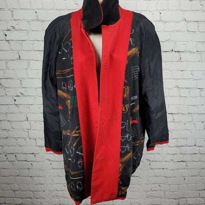 VTG Lauren Ralph Lauren Red Corduroy Collar Equestrian Print Lining Coat 1X