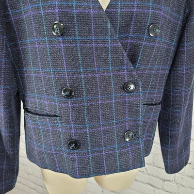 VTG Club 5' 4" Black & Purple Check Double Breasted Suit Jacket USA Made Size 4P