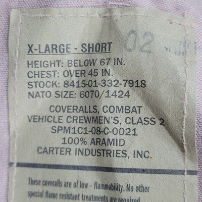 Carter Industries Tan Aramid Combat Vehicle Crewmen's Class 2 Coveralls Size XLS