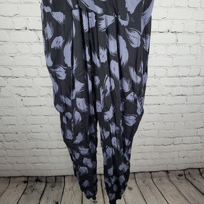 Leith Black Blue Print Plunge Tapered Leg Pockets 1 Piece Boho Outfit Jumper 1X