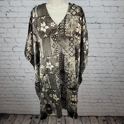 Sante Classics Brown Floral Satin Gold Trim Neck Pakistan Made Kaftan One Size
