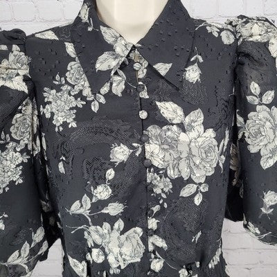 Mila Mae Black Cream Floral Puff Sleeve Collared Pleated Buttoned Midi Dress XS