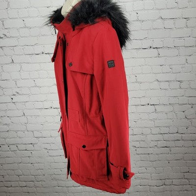 DKNY Red Faux Fur Trim Removable Hood Insulated Full Zip Jacket Medium M