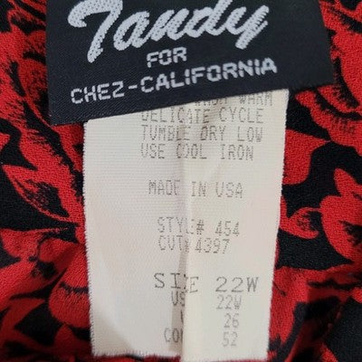 VTG Tandy Chez California Black Red Floral Lightweight Tunic Blouse Top USA 22W