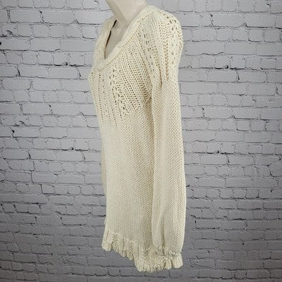 VTG Old Navy Ivory Wool Blend Chunky Open Knit Long Sleeve Sweater Short Dress S