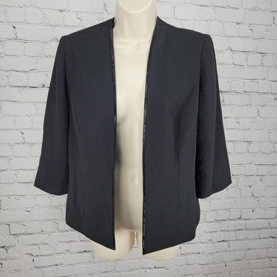 VTG Karen Miller Black Open Beaded Trim Collarless Lined Suit Jacket Size 8