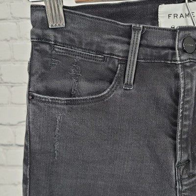 FRAME Black Le High Skinny Crop Brisbane Rips Stretch Jeans Size 24 (24x26)
