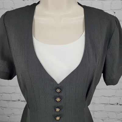 VTG Lisa Jo Dark Green Short Sleeve Tie Back Gold Buttoned Dress Small S