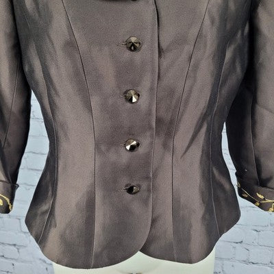 Jodi Brown Wool Silk Blend Gold Embroidered 3/4 Sleeve Buttoned Jacket Size 4
