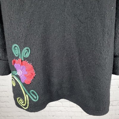 Carson Black 100% Wool Floral Applique Snap Closure Pockets Lined Coat Large L