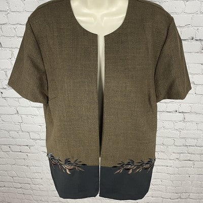 Periwinkle Brown Embroidered Floral Open Short Sleeve Lightweight Jacket Size 14