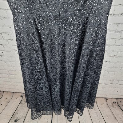 Tahari Black Sheer Glitter Overlay Sleeveless Fit & Flare Midi Dress Size 12