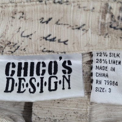 VTG Chico's Design Beige Silk Linen Postcard Long Sleeve Shirt Size 3 US 16