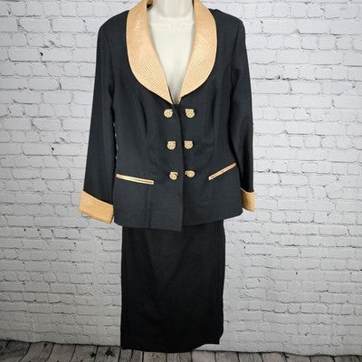 VTG Roaman's Black Gold Skirt Suit Set 2 Piece Double Breasted Jacket Medium M