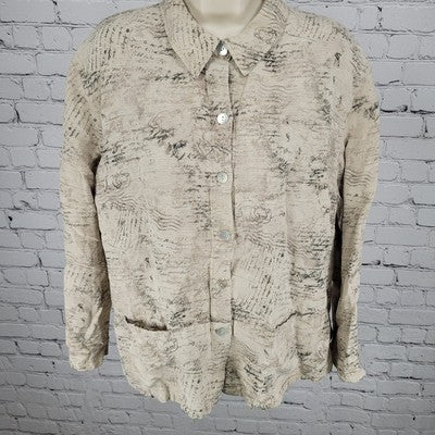 VTG Chico's Design Beige Silk Linen Postcard Long Sleeve Shirt Size 3 US 16