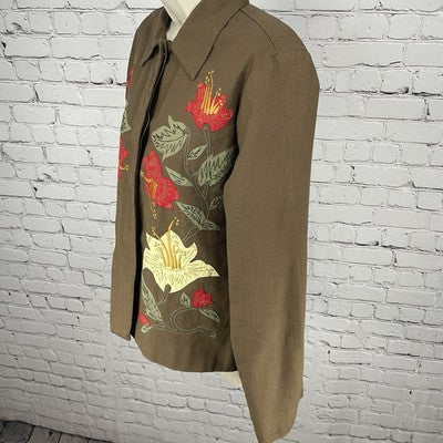 Hearts Of Palm Brown Floral Embroidered Buttoned Lightweight Jacket Size 8