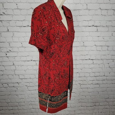 NWT Studio 1 Deep Red Floral Shoulder Pad Open Layering Tunic Top Size 12P