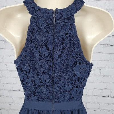 Lulus Navy Navy Blue Floral Crochet Lace Halter Lined A-Line Short Dress XS