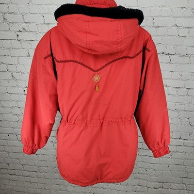 VTG Skiing Passport Retro Red Insulated Hooded Zip Pockets Jacket Size Medium M