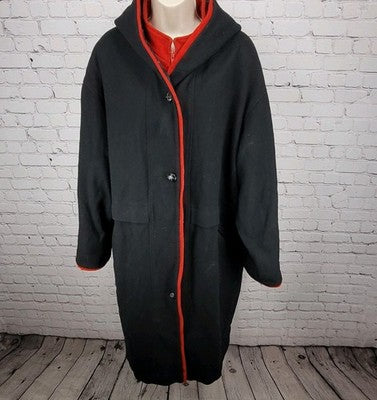 VTG Herman Kay Black Red Wool Blend Hooded Buttoned Long Heavy Over Coat 20W