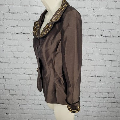 Jodi Brown Wool Silk Blend Gold Embroidered 3/4 Sleeve Buttoned Jacket Size 4