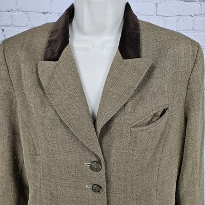 J. McLaughlin Brown 100% Wool Velvet Peak Lapel Buttoned Lined Jacket USA 8