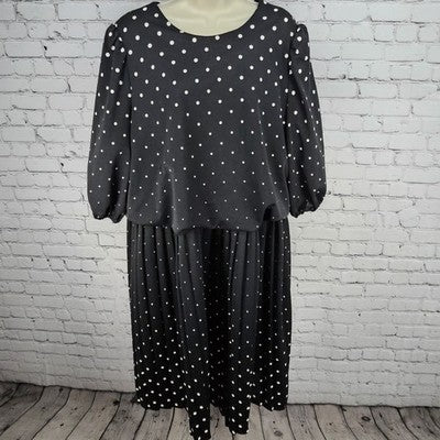 Jenny Black Polka Dot Puff 3/4 Sleeve Unlined Stretch Blouson Midi Dress USA 3X