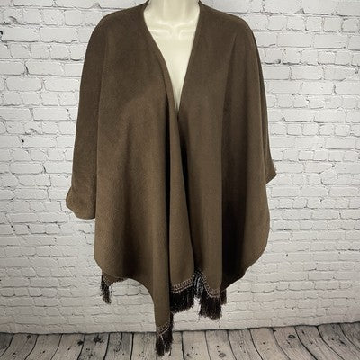 C.O.C. Brown Soft Fleece Cozy Open Wrap Tasseled Boxy Oversized Poncho Cape O/S