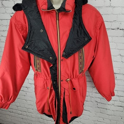 VTG Skiing Passport Retro Red Insulated Hooded Zip Pockets Jacket Size Medium M
