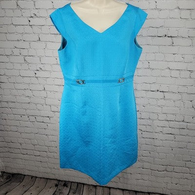 Tahari Blue Cap Short Sleeve Gold Accents Lined Back Slit Sheath Dress Size 14
