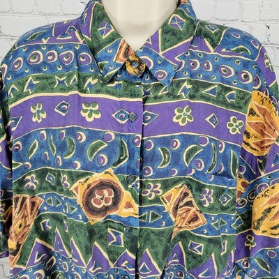 VTG Royal Wear Multicolor 100% Silk Button Up Short Sleeve Shirt Top Size XL