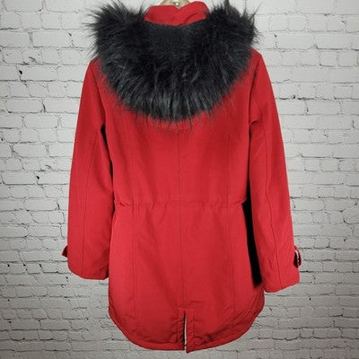 DKNY Red Faux Fur Trim Removable Hood Insulated Full Zip Jacket Medium M