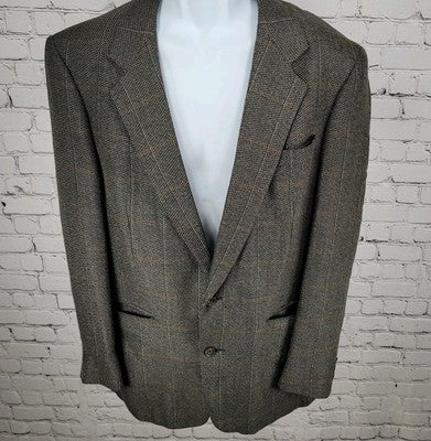 VTG Henry Grethel Brown Windowpane Tweed 2 Button Sport Coat USA Made Size 42L