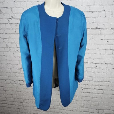 VTG Jones New York Suit Blue 100% Pure Wool 3 Button Collarless Jacket USA 12