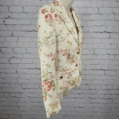 Daslu Cream Floral 100% Cotton Textured Buttoned Notch Suit Jacket Brazil 40
