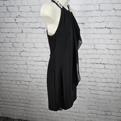 Cache Black Beaded Pearl Neckline Halter Sheer Drape Stretch Lined Short Dress 2