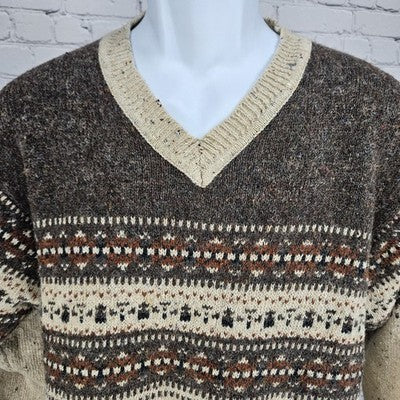 VTG Arizona Jean Co Brown Wool Blend Knit Fair Isle Pullover V Neck Sweater M