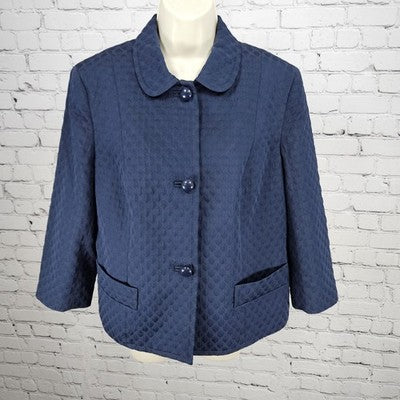 Talbots Navy Textured Collared Buttoned 3/4 Sleeve Lined Cropped Jacket 14
