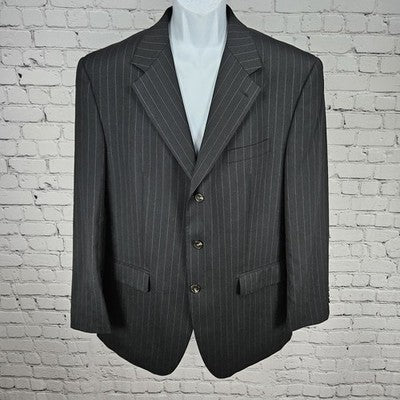 Chaps Black 100% Wool Pinstriped 3 Button Vented Notch Blazer Sport Coat 42R