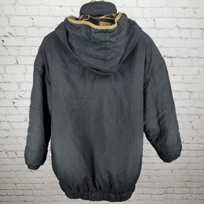 VTG UTEX 50 Black Velvety Print Trim Hooded Insulated Zip Puffer Jacket Large L